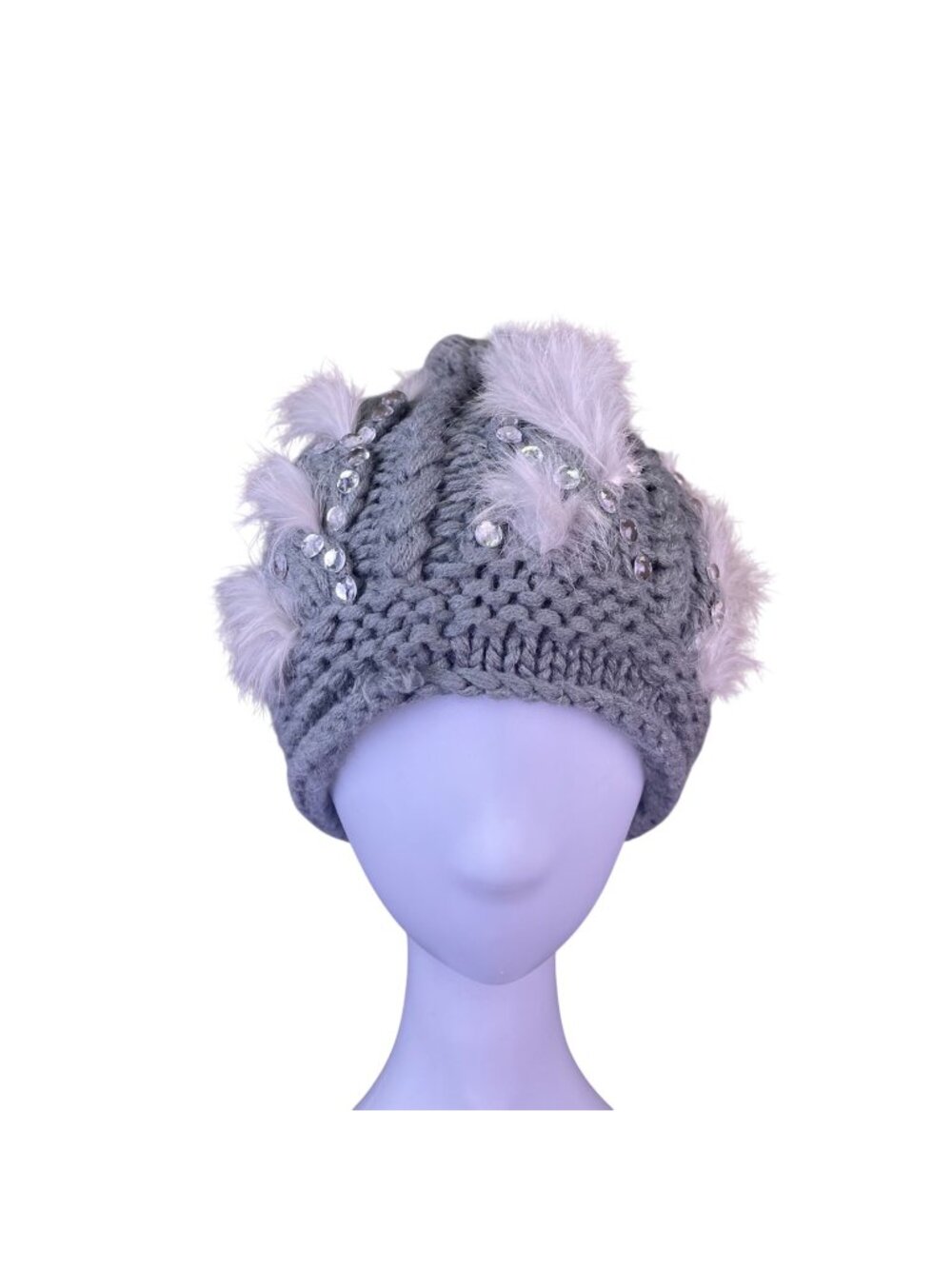 Knitted Womens Gray Faux Fur Rhinestone Embellished Winter Pom Beanie Hat
